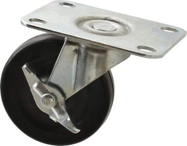 Shepherd - 3" Diam x 13/16" Wide x 3-1/2" OAH Top Plate Mount Swivel Caster with Brake - Soft Rubber, 110 Lb Capacity, Nylon Bearing, 2-5/8 x 3-3/4" Plate - USA Tool & Supply