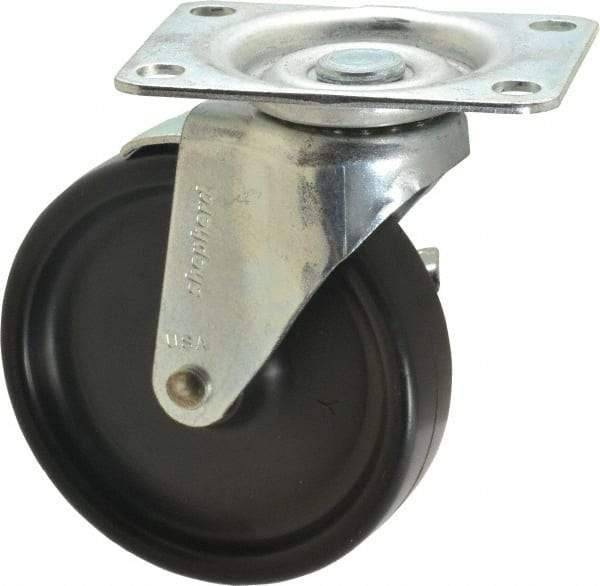 Shepherd - 4" Diam x 15/16" Wide x 4-3/4" OAH Top Plate Mount Swivel Caster with Brake - Polyolefin, 150 Lb Capacity, Plain Bearing, 2-5/8 x 3-3/4" Plate - USA Tool & Supply