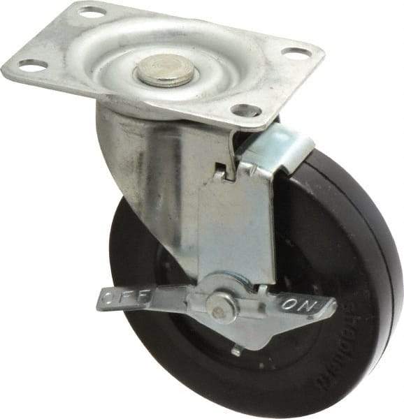 Shepherd - 4" Diam x 15/16" Wide x 4-3/4" OAH Top Plate Mount Swivel Caster with Brake - Soft Rubber, 125 Lb Capacity, Nylon Bearing, 2-5/8 x 3-3/4" Plate - USA Tool & Supply