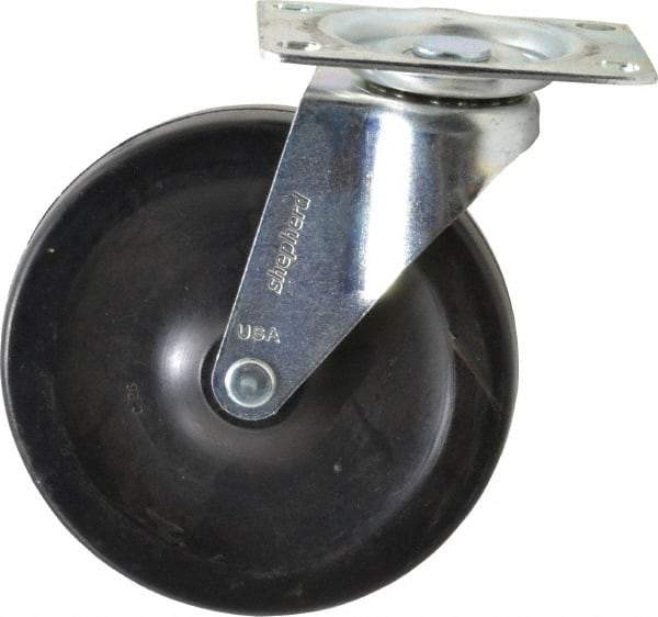 Shepherd - 5" Diam x 15/16" Wide x 5-3/4" OAH Top Plate Mount Swivel Caster - Soft Rubber, 135 Lb Capacity, Nylon Bearing, 2-5/8 x 3-3/4" Plate - USA Tool & Supply