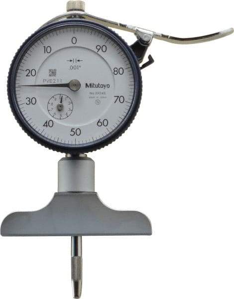 Mitutoyo - 0 to 8 Inch Range, Carbide Tipped Ball Point, White Dial Depth Gage - 0.001 Inch Graduation, 0.002 Inch Accuracy, 1 Inch Travel, 2-1/2 Inch Base Measuring Length - USA Tool & Supply