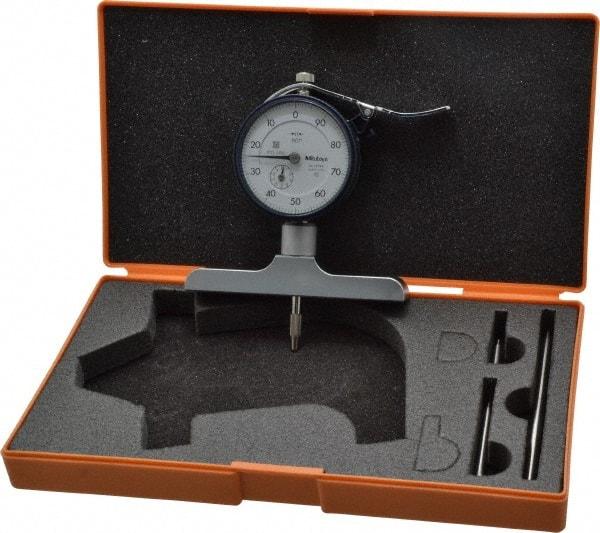 Mitutoyo - 0 to 8 Inch Range, Carbide Tipped Ball Point, White Dial Depth Gage - 0.001 Inch Graduation, 0.002 Inch Accuracy, 1 Inch Travel, 4 Inch Base Measuring Length - USA Tool & Supply