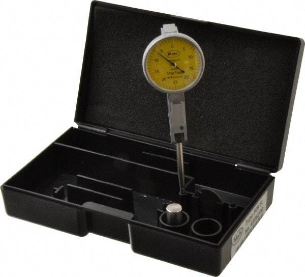 Mahr - 1/4 mm Range, 0.01 mm Dial Graduation, Horizontal Dial Test Indicator - 27.5 mm Yellow Dial, 0-25-0 Dial Reading - USA Tool & Supply