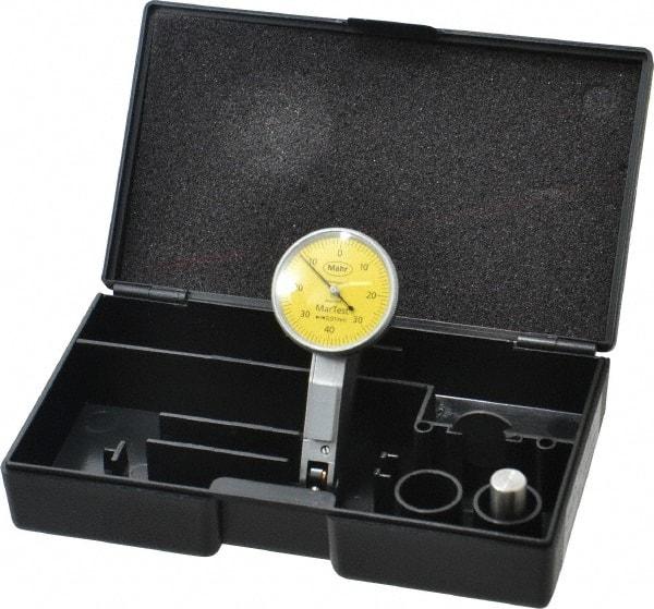 Mahr - 0.4 mm Range, 0.01 mm Dial Graduation, Horizontal Dial Test Indicator - 27.5 mm Yellow Dial, 0-40-0 Dial Reading - USA Tool & Supply