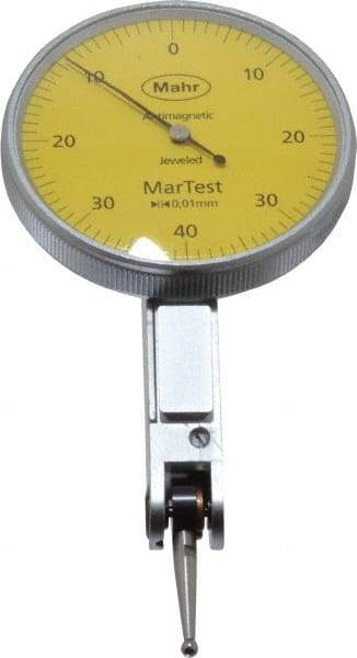 Mahr - 0.4 mm Range, 0.01 mm Dial Graduation, Horizontal Dial Test Indicator - 38 mm Yellow Dial, 0-40-0 Dial Reading - USA Tool & Supply