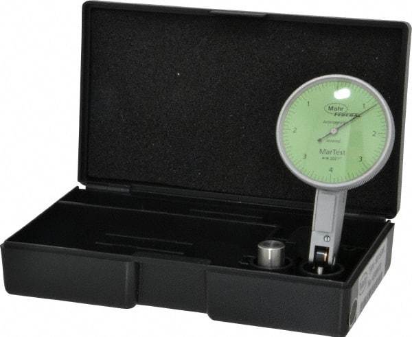 Mahr - 0.004 Inch Range, 0.0001 Inch Dial Graduation, Horizontal Dial Test Indicator - 1-1/2 Inch Green Dial, 0-4-0 Dial Reading - USA Tool & Supply
