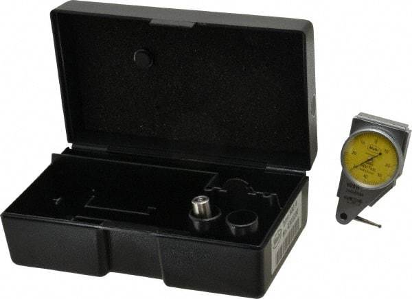Mahr - 0.4 mm Range, 0.01 mm Dial Graduation, Horizontal Dial Test Indicator - 27.5 mm Yellow Dial, 0-40-0 Dial Reading - USA Tool & Supply