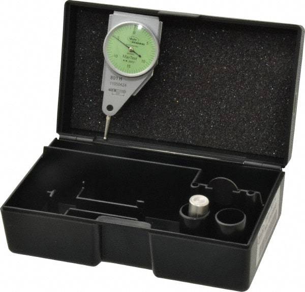 Mahr - 0.015 Inch Range, 0.0005 Inch Dial Graduation, Horizontal Dial Test Indicator - 1.1 Inch Green Dial, 0-15-0 Dial Reading - USA Tool & Supply