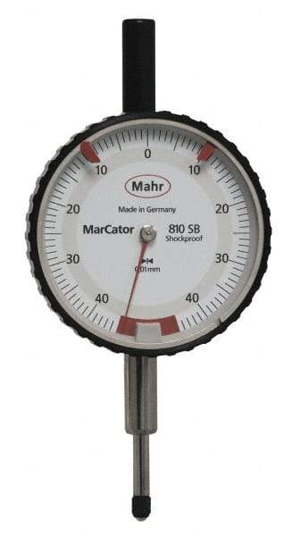 Mahr - 0.8mm Range, 0-45-0 Dial Reading, 0.01mm Graduation Dial Drop Indicator - 50mm Dial, 0.01mm Range per Revolution - USA Tool & Supply