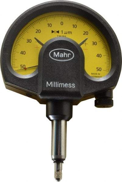 Mahr - 1 micro m Graduation, Accuracy Up to 1 m, 50 micro m Measurement, Dial Comparator Gage - 1 N Force, 2.8mm Overtravel, White - USA Tool & Supply
