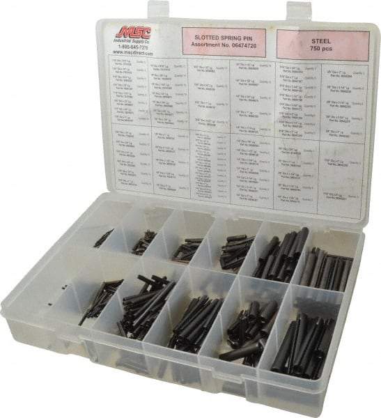 Made in USA - 750 Piece, 1/16 to 7/16" Pin Diam, Spring Pin Assortment - Steel - USA Tool & Supply