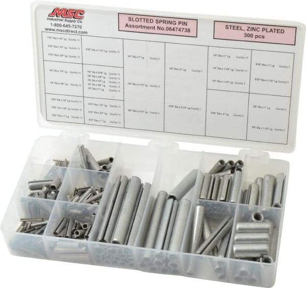 Made in USA - 300 Piece, 1/16 to 3/8" Pin Diam, Spring Pin Assortment - Zinc, Zinc Plated - USA Tool & Supply