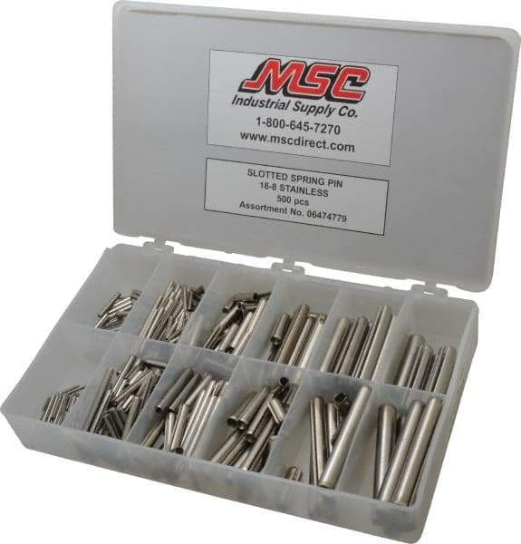 Made in USA - 500 Piece, 1/16 to 7/16" Pin Diam, Spring Pin Assortment - 18-8 Stainless Steel - USA Tool & Supply