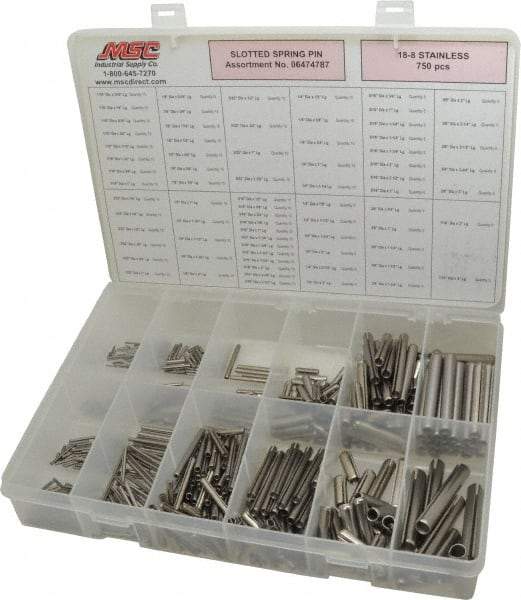 Made in USA - 750 Piece, 1/16 to 7/16" Pin Diam, Spring Pin Assortment - 18-8 Stainless Steel - USA Tool & Supply