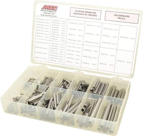 Made in USA - 500 Piece, 1/16 to 7/16" Pin Diam, Spring Pin Assortment - 420 Stainless Steel - USA Tool & Supply