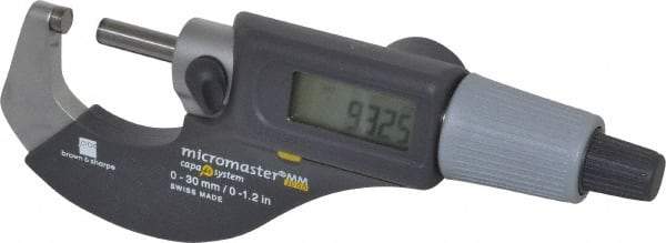 TESA Brown & Sharpe - 0 to 1.2" Range, 0.0001" Resolution, Standard Throat, Electronic Outside Micrometer - 0.0002" Accuracy, Friction Thimble, Carbide Tipped Face, CR2030 Battery, Includes Plastic Case - USA Tool & Supply