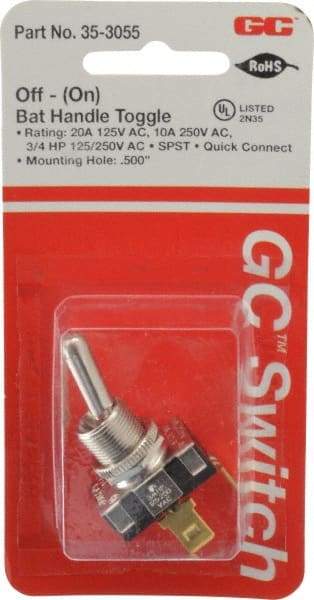 GC/Waldom - SPST Heavy Duty Off-On Toggle Switch - Quick Connect Terminal , Bat Handle Actuator, 3/4 hp at 125/250 VAC hp, 125/150 VAC - USA Tool & Supply