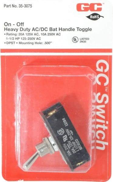 GC/Waldom - DPST Heavy Duty On-Off Toggle Switch - Screw Terminal, Bat Handle Actuator, 1-1/2 hp at 125/250 VAC hp, 125 VAC at 20 A & 250 VAC at 10 A - USA Tool & Supply