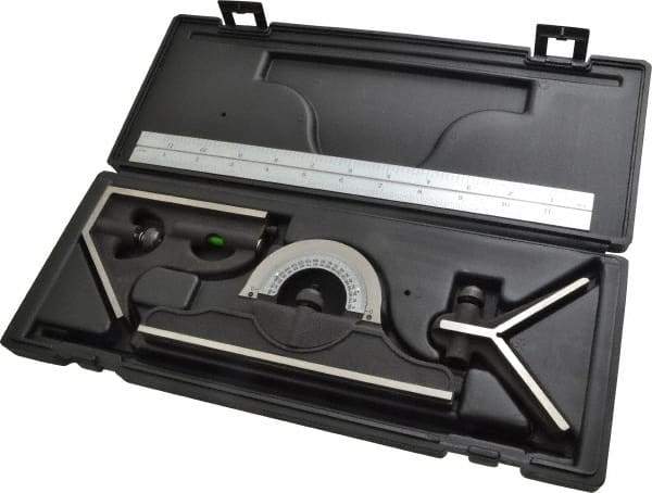 TESA Brown & Sharpe - 4 Piece, 12" Combination Square Set - 1/16, 1/32, 1/64 & 1/8" (4R) Graduation, Hardened Steel Blade, Hardened Steel Center, Protractor & Square Head - USA Tool & Supply