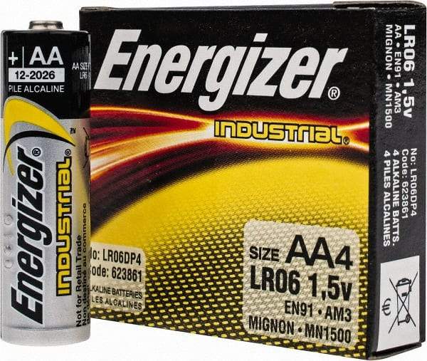 Energizer - Size AA, Alkaline, 4 Pack, Standard Battery - 1.5 Volts, Button Tab Terminal, LR6, ANSI, IEC Regulated - USA Tool & Supply