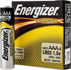 Energizer - Size AAA, Alkaline, 4 Pack, Standard Battery - 1.5 Volts, Button Tab Terminal, LR03, ANSI, IEC Regulated - USA Tool & Supply