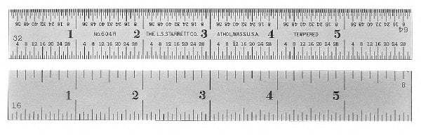 PEC Tools - 36" Long, 1/100, 1/64, 1/32, 1/10" Graduation, Rigid Steel Rule - 5R Graduation Style, 1-1/4" Wide, Silver, Satin Chrome Finish - USA Tool & Supply
