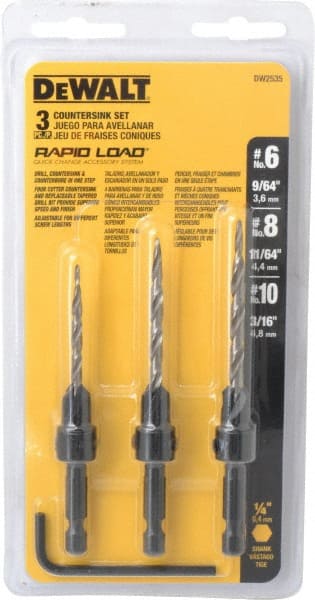 DeWALT - 3 Piece, 0.13 to 0.19" Head Diam, 77 to 83° Included Angle, Single End Countersink Set - USA Tool & Supply