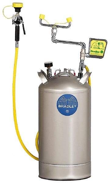 Bradley - 10 Gallon, 0.4 GPM Flow Rate at 30 PSI, Pressurized with Drench Hose Stainless Steel, Portable Eye Wash Station - 15 Min Duration, 25-1/4 Inch High - USA Tool & Supply