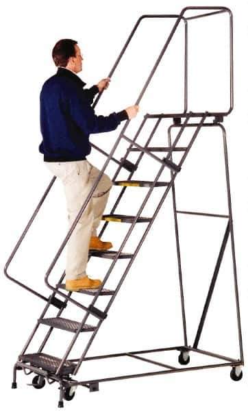 Ballymore - 103" 7 Step Ladder - Lock Step Rolling Safety Ladder, 450 Lb Capacity, 70" Platform Height, 24" Base Width x 55" Depth, Expanded Metal Tread - USA Tool & Supply