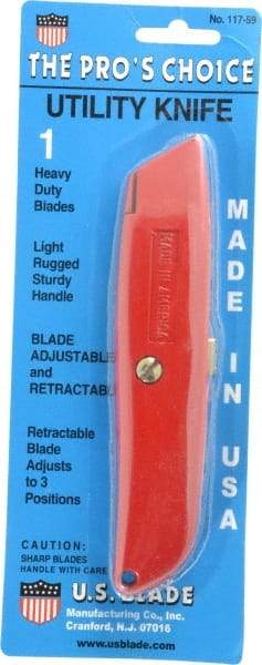 Made in USA - Retractable Utility Knife - Die Cast Aluminum (Color) Aluminum Handle, 3 Blades Included - USA Tool & Supply