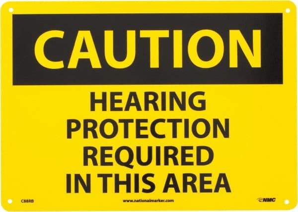 NMC - "Caution - Hearing Protection Required in This Area", 10" Long x 14" Wide, Rigid Plastic Safety Sign - Rectangle, 0.05" Thick, Use for Accident Prevention - USA Tool & Supply