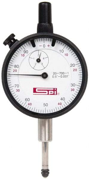 SPI - 1/2" Range, 0-100, 0-50-0 Dial Reading, 0.001" Graduation Dial Drop Indicator - 2-1/4" Dial, 0.1" Range per Revolution, Revolution Counter, Includes NPL Traceability Certification - USA Tool & Supply