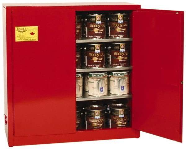 Eagle - 2 Door, 3 Shelf, Red Steel Standard Safety Cabinet for Flammable and Combustible Liquids - 44" High x 43" Wide x 18" Deep, Manual Closing Door, 3 Point Key Lock, 40 Gal Capacity - USA Tool & Supply