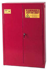 Eagle - 2 Door, 5 Shelf, Red Steel Standard Safety Cabinet for Flammable and Combustible Liquids - 65" High x 43" Wide x 18" Deep, Manual Closing Door, 3 Point Key Lock, 60 Gal Capacity - USA Tool & Supply