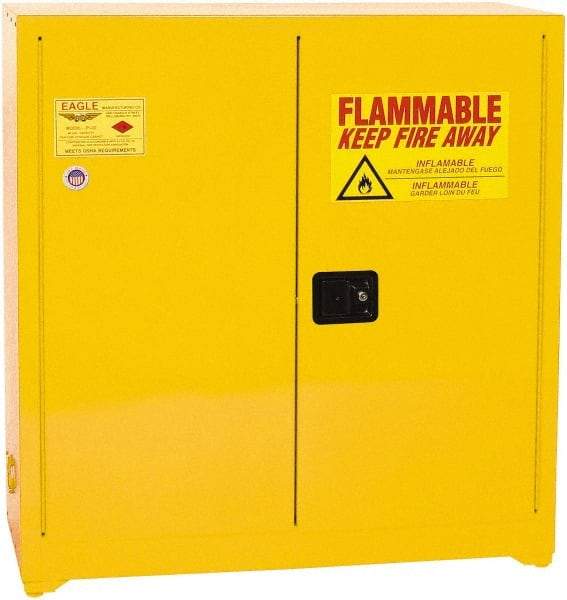 Eagle - 2 Door, 3 Shelf, Yellow Steel Standard Safety Cabinet for Flammable and Combustible Liquids - 44" High x 43" Wide x 18" Deep, Manual Closing Door, 3 Point Key Lock, 40 Gal Capacity - USA Tool & Supply