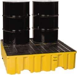 Eagle - 120 Gal Sump, 4,000 Lb Capacity, 4 Drum, Polyethylene Spill Deck or Pallet - 51-1/2" Long x 52.4" Wide x 13-3/4" High, Yellow, Liftable Fork, Drain Included, Vertical, 2 x 2 Drum Configuration - USA Tool & Supply