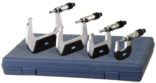 Fowler - 0 to 4" Range, 4 Piece Mechanical Outside Micrometer Set - 0.0001" Graduation, 0.0001 (0 to 2)" Accuracy, Ratchet-Friction Thimble, Carbide Tipped Face - USA Tool & Supply
