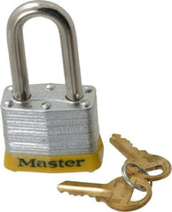 Master Lock - Keyed Alike Retaining Key Conductive Lockout Padlock - 1-1/2" Shackle Clearance, 9/32" Shackle Diam, 1-1/4" Body Height x 1-9/16" Body Width, Yellow, 4 Pins - USA Tool & Supply