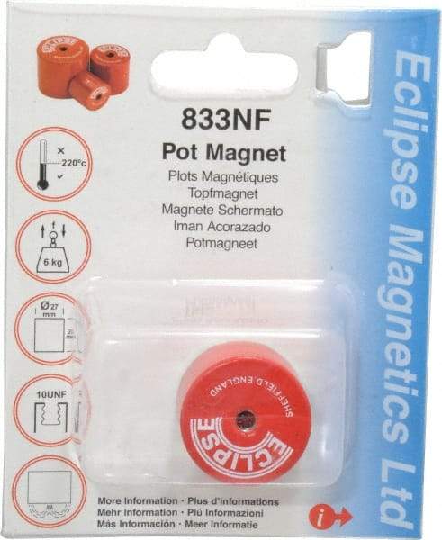 Eclipse - 1-1/16" Diam, 10-32 Thread, 9 Lb Average Pull Force, Mild Steel, Alnico Pot Magnets - 220°C Max Operating Temp, 1" High, Grade 5 Alnico - USA Tool & Supply