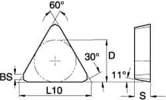 Kennametal - TPKN32 Grade KC725M Carbide Milling Insert - TiN/TiCN/TiN Finish, 0.1252" Thick, 0.3752" Inscribed Circle, 1.1mm Corner Radius - USA Tool & Supply