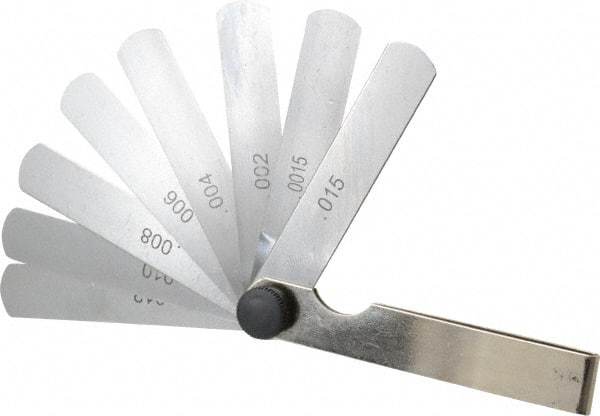Value Collection - 9 Piece, 0.0015 to 0.015" Thick, Parallel Feeler Gage Set - 3" Leaf Length, 1/2" Wide, Tempered Steel - USA Tool & Supply