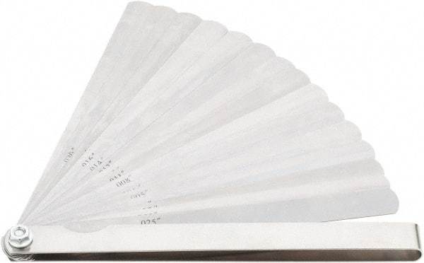Value Collection - 15 Piece, 0.002 to 0.025" Thick, Feeler Gage Set - 6" Leaf Length, 1/2" Wide, Tempered Steel - USA Tool & Supply