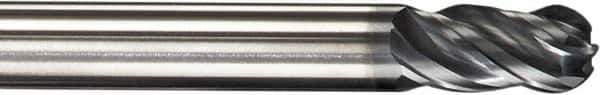 SGS - 15/32" Diam, 1" LOC, 4 Flute Solid Carbide Ball End Mill - AlTiN Finish, Single End, 3" OAL, 1/2" Shank Diam, Spiral Flute - USA Tool & Supply