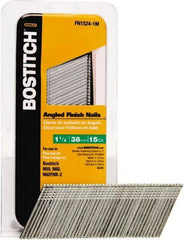 Stanley Bostitch - 15 Gauge 0.07" Shank Diam 1-1/2" Long Finishing Nails for Power Nailers - Steel, Bright Finish, Smooth Shank, Angled Stick Adhesive Collation, Round Head, Chisel Point - USA Tool & Supply