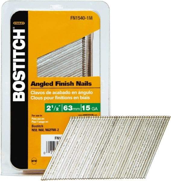 Stanley Bostitch - 15 Gauge 0.07" Shank Diam 2-1/2" Long Finishing Nails for Power Nailers - Steel, Bright Finish, Smooth Shank, Angled Stick Adhesive Collation, Round Head, Chisel Point - USA Tool & Supply