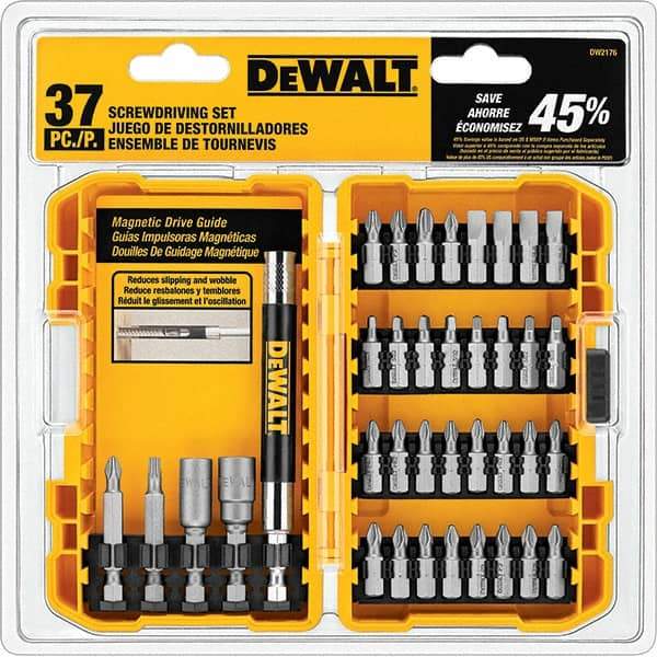 DeWALT - 37 Piece, Screwdriver Bit Set - SQ1, SQ2, SQ3, 1/4" Drive - USA Tool & Supply