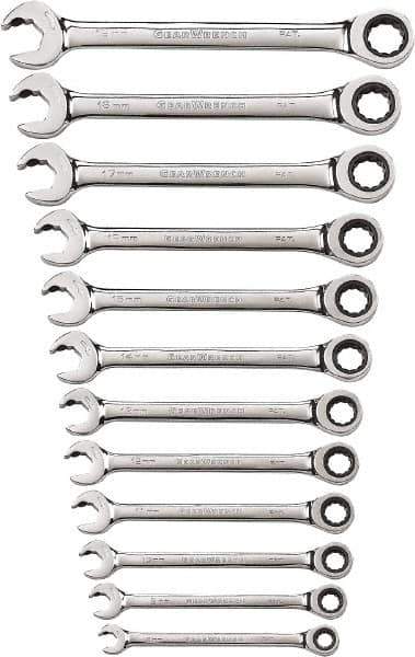 GearWrench - 12 Piece, 8mm to 19mm, 12 Point Ratcheting Combination Wrench Set - Metric Measurement Standard, Chrome Finish - USA Tool & Supply