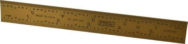 Fowler - 6" Long, 1/64, 1/32, 1/16, 1/8" Graduation, Rigid Steel Rule - 4R Graduation Style, 3/4" Wide, Yellow, Titanium Finish - USA Tool & Supply