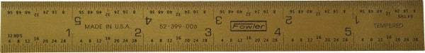 Fowler - 6" Long, 1/64, 1/32" and 0.5, 1mm Graduation, Rigid Steel Rule - English/Metric Graduation Style, 1/2" Wide, Yellow, Titanium Finish - USA Tool & Supply