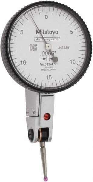 Mitutoyo - 0.03 Inch Range, 0.0005 Inch Dial Graduation, Horizontal Dial Test Indicator - 1.54 Inch White Dial, 0-15-0 Dial Reading, Accurate to 0.0005 Inch - USA Tool & Supply